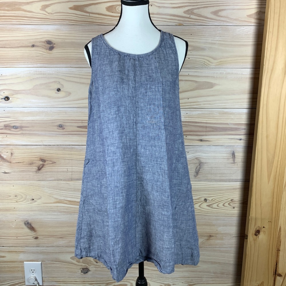 St. Tropez West Dress Womens 4 Blue Linen Sleeveless Shift Pockets